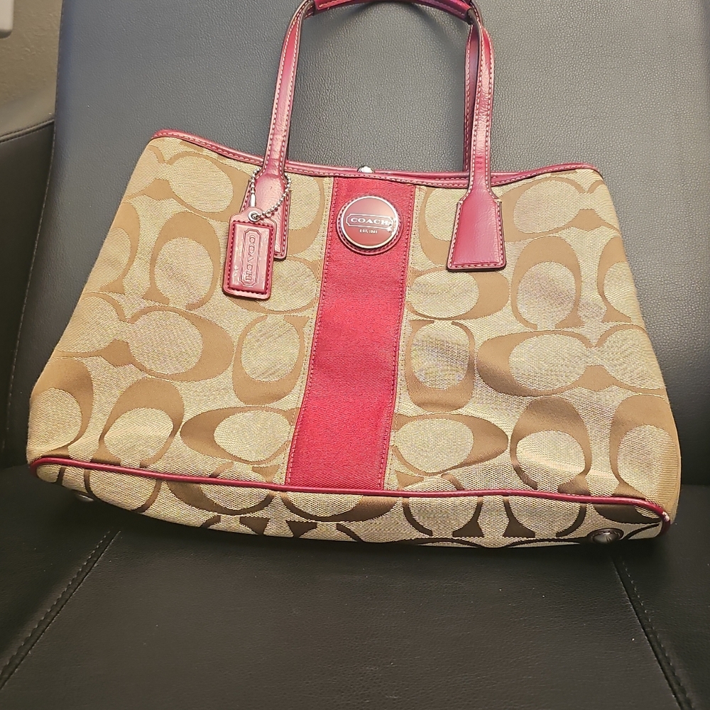 Coach Tan and Red Tote Bag with Signature Design